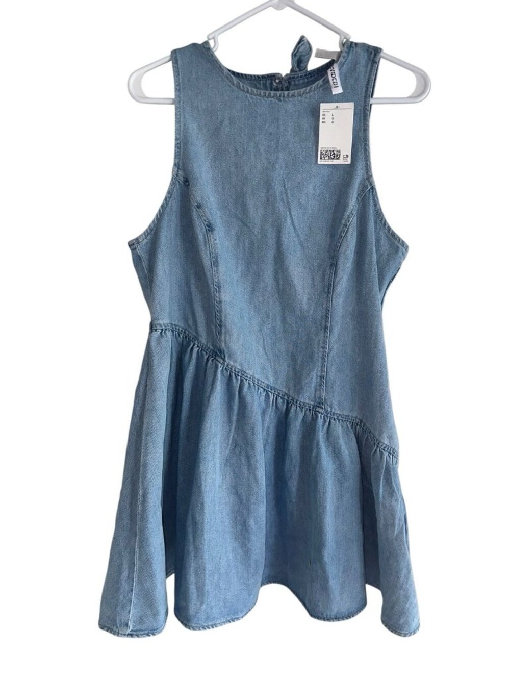 NWT H&M Women’s Flared Skirt Denim Mini Dress Sz L Blue Asymmetrical Boho Twee